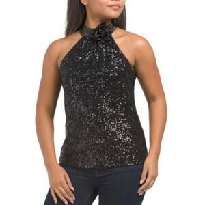 New Cable and Gauge black sequined dressy blouse rose detail sleeveless sz Lg